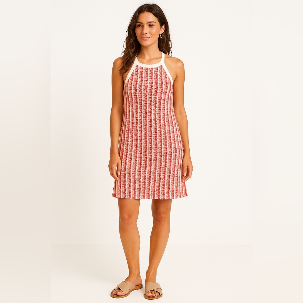 🧶 C&C California Knit Halter Dress 🩷 Retro Striped Crochet Summer Mini 🧶